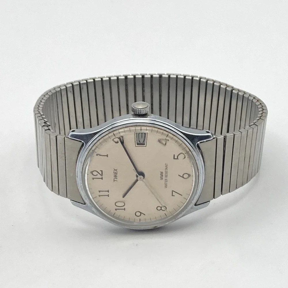 Vtg Timex Marlin Men's Watch 34mm Silver Tone Date Stretch Band Manual Wind 1989